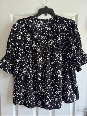 Black and White Polka Dot Peasant Blouse - Women